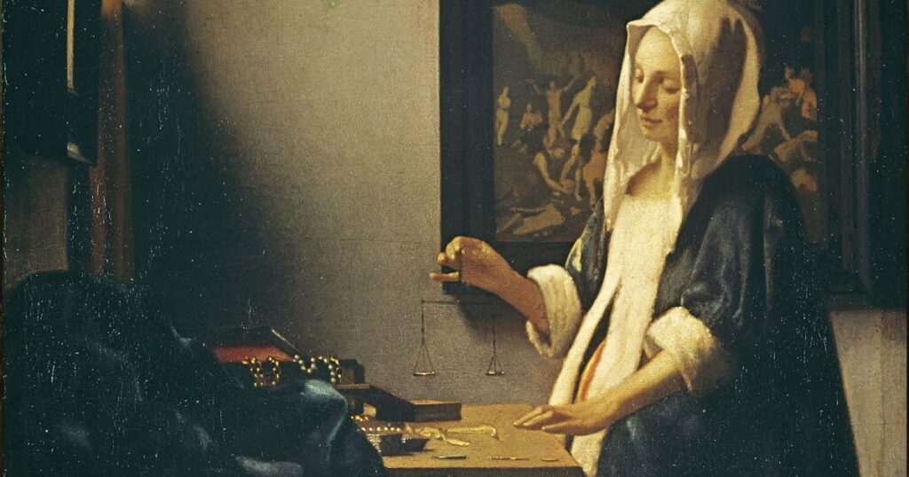 Woman Holding a Balance - Johannes Vermeer, c. 1662–1663